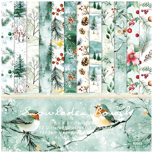 ZAKHSE Weihnachts-Scrapbook-Papier, 6 x 6 Tannennadeln, Tannenzapfen, Schnee-Zweig, Vogel, einseitig gemusterter Karton, 24 Blatt, dekorativer Bastelpapierblock für Urlaub, DIY, Fotoalbum, Hintergrund ZAKHSE Weihnachts-Scrapbook-Papier, 6 x 6 Tannennadeln, Tannenzapfen, Schnee-Zweig, Vogel, einseitig gemusterter Karton, 24 Blatt, dekorativer Bastelpapierblock für Urlaub, DIY, Fotoalbum, Hintergrund von ZAKHSE