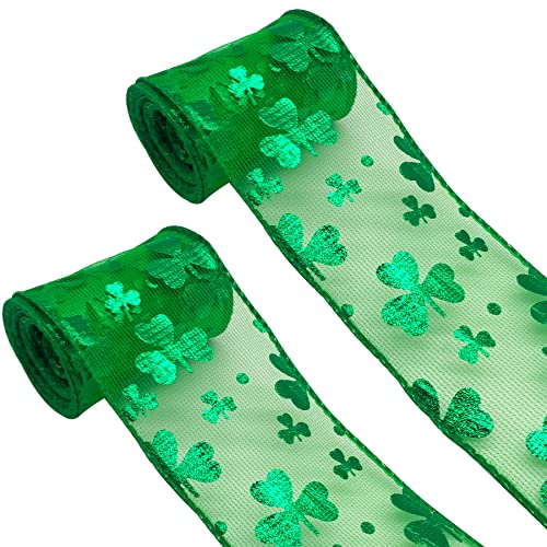 2 Rollen Kleeblatt-Band mit Drahtrand, 6,3 cm breit, St. Patrick's Day, grüne Stoffbänder für irische Festivals, Geschenkverpackungen, Kranz, Party-Dekoration, Bastelbedarf, 10 Meter 2 Rollen Kleeblatt-Band mit Drahtrand, 6,3 cm breit, St. Patrick's Day, grüne Stoffbänder für irische Festivals, Geschenkverpackungen, Kranz, Party-Dekoration, Bastelbedarf, 10 Meter von ZAKVOOR