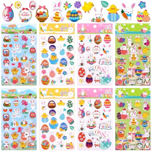 ZALAON Aufkleber Ostereier, 8 Blätter 3D Ostersticker Kinder Aufkleber, Oster Sticker, Osterhase Ostereier Osterküken für Osterdeko oder Geschenk von ZALAON