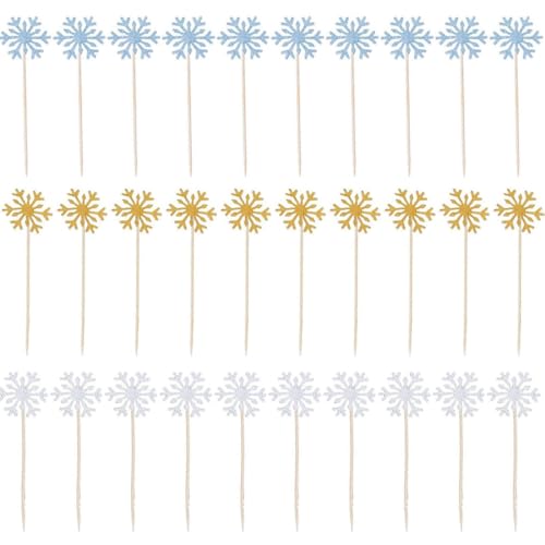 ZAMXHUG 60 Stück Schneeflocken Hochzeitskuchen Dekoration - Cupcake Topper Weihnachten, Frozen Cupcake Topper Zahnstocher, für Weihnachten Tortendeko für Kindergeburtstag Hochzeit(Silber/Blau/Gold) von ZAMXHUG