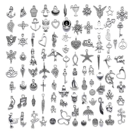 ZAMXHUG Charms Anhänger zum Schmuck - 100 pcs Metall Gemischte Charms zum Basteln,Armbänd Ketten Ohrringe Selber Machen, Gemischte Vintage Aesthetic Accessoires Halskette Making Zubehör Silber ZAMXHUG Charms Anhänger zum Schmuck - 100 pcs Metall Gemischte Charms zum Basteln,Armbänd Ketten Ohrringe Selber Machen, Gemischte Vintage Aesthetic Accessoires Halskette Making Zubehör Silber von ZAMXHUG