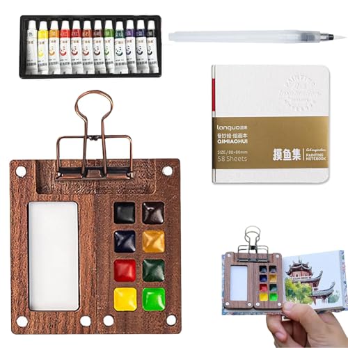 ZANWANXIN Pocket Artist Watercolor Travel Set, Portable Palette, 8 Grids Wooden Travel Paint Palette, Sketchbook Palette Pocket Travel Paint Tray Box Metal Clip, Watercolor Pen (12 Colors 8 Grid Set) von ZANWANXIN