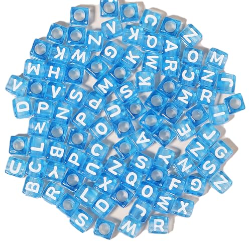 ZAPZEAL 100-teiliges Buchstabenperlen-Set, Alphabet-Perlen, quadratische Perlen, kubische Perlen für Armbänder, Halsketten, Freundschaftsarmband-Herstellungsset (blaue Perlen, weiße Buchstaben) von ZAPZEAL