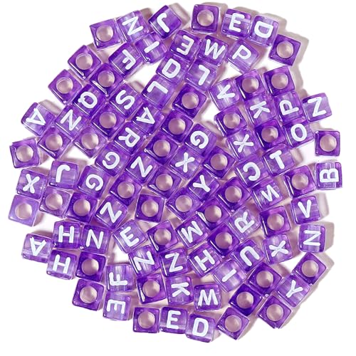 ZAPZEAL 100-teiliges Buchstabenperlen-Set, Alphabet-Perlen, quadratische Perlen, kubische Perlen für Armbänder, Halsketten, Freundschaftsarmband-Herstellungsset (lila Perlen, weiße Buchstaben) von ZAPZEAL