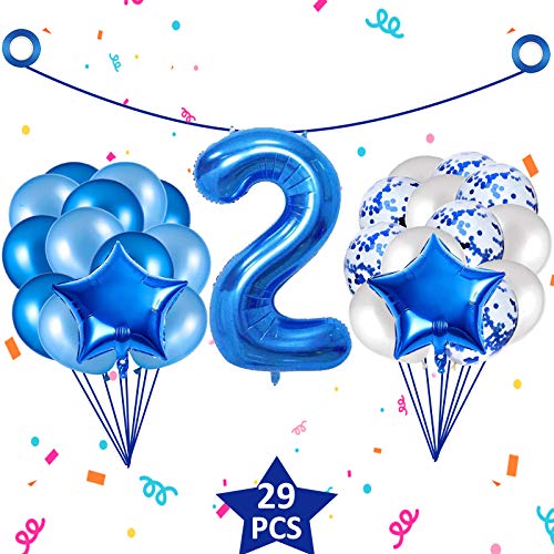 Geburtstagsdeko Jungen 2 Jahre, Zahlen Luftballon 2 mit Stern Folienballon/Weiß Blau Latex Luftballons/Blau Konfetti Luftballons, Blau Happy Birthday Ballons Deko zum Babyparty Geburtstag Hochzeit von ZAWTR