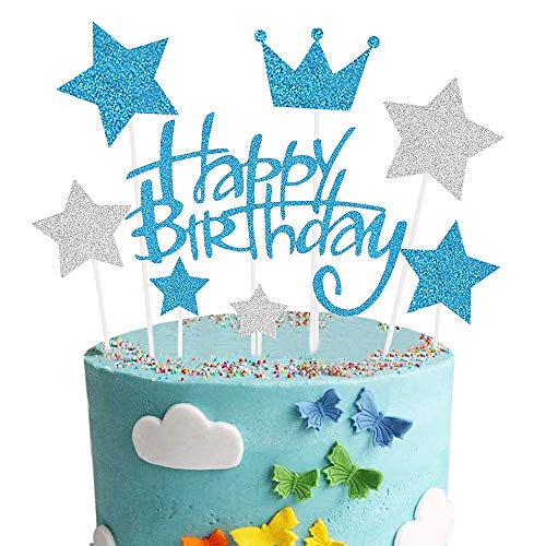 Happy Birthday Tortendeko Geburtstag, Blau Kuchendeko Girlande Cake Torten Kuchen Topper, Silber Sterne Cupcake Tortenstecker für Mädchen Junge Mann Frau Kinder Geburtstags Taufe Party Glitzer Deko von ZAWTR