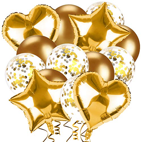 Luftballons Gold Geburtstag, 14 Stück Geburtstagsdeko - Gold Stern Herz Folienballon/Gold Latex Luftballon Ballons & Konfetti Luftballons, Folienballons für Geburtstag Hochzeit Babyparty Valentinstag von ZAWTR