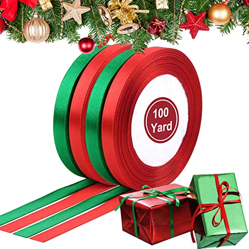 Satinband Geschenkband 4 Rollen, Rot und Grün Schleifenband Geschenkbänder 10mm für Weihnachten Geburtstag Hochzeit, 100 Yards Weihnachtsbänder Dekoband Ripsband zum Geschenkverpackung/Basteln/Kuchen von ZAWTR