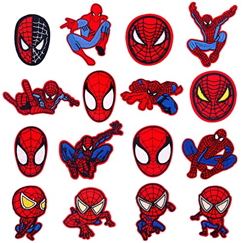 16 Stück Bügelbilder Spiderman, Patches zum Aufbügeln Kinder, Aufnäher zum Aufnähen, Patch Sticker Aufbügeln mit Nadel, Faden, Knopf, Applikation für Kleidung, Jacken, Jeans, Hut, Rucksäcke, Schuhe. von ZAZOOT