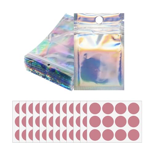 100 Stück bunte Druckverschlussbeutel, 144 Stück Etikettenaufkleber, bunte versiegelte Beutel, Süßigkeitenbeutel, Laser-Aluminiumfolienbeutel, Musterbeutel, geeignet für Süßigkeiten, Snacks und Schmuc von ZBHDEYG