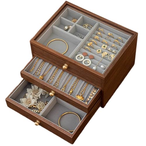 Jewellery Box Organiser Storage Case, Schmuckaufbewahrungs-Organizer aus Holz mit klarem Glasdeckel, 3 Schubladen, Schmuckschatulle aus massivem Walnussholz for Ringe, Armbänder, Broschen, 26,9 x 19,4 Jewellery Box Organiser Storage Case, Schmuckaufbewahrungs-Organizer aus Holz mit klarem Glasdeckel, 3 Schubladen, Schmuckschatulle aus massivem Walnussholz for Ringe, Armbänder, Broschen, 26,9 x 19,4 von ZBORAVPIX