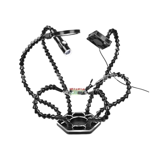 ZBORAVPIX Dritte-Hand-Löthilfe， Lötstation aus dritter Hand mit 3-facher Lupe, Taschenlampe, USB-Ventilator, sechs Klauenklemmen(N-ss6lmf-bk9-black) von ZBORAVPIX