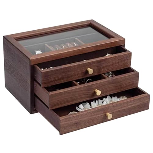 ZBORAVPIX Jewellery Box Organiser Storage Case, 3-lagige Schmuckschatulle aus Holz und Schmuck-Organizer mit Glasdeckel for Halsketten, Ringe, Ohrringe und Armbänder – Walnussfarbe von ZBORAVPIX