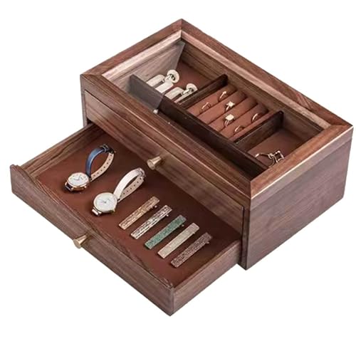 ZBORAVPIX Jewellery Box Organiser Storage Case, Schmuckschatulle aus Holz mit Glasdeckel und Schubladen for Halsketten, Ringe, Ohrringe und Armbänder, Walnuss, 2-lagig von ZBORAVPIX