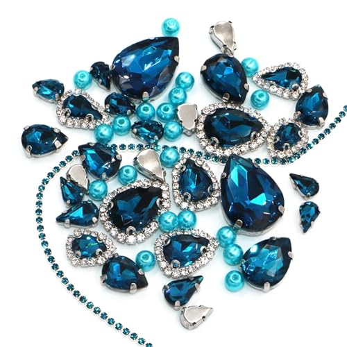 ZBORAVPIX Strass-Glaskristalle ， Glaskristalle ， Strass-Glas Aufnähbare Glaskristall-Strass-Cup-Kette, Mehrfarbig, mehrere Basen(Peacock Blue,Sliver Base) von ZBORAVPIX
