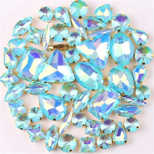 ZBORAVPIX Strass-Glaskristalle ， Glaskristalle ， Strass-Glas Packung mit 50 Formen, Mix AB-Glas, for Aufnähen, lose, mehrfarbige Strasssteine(A28 Aquamarine Ab) von ZBORAVPIX