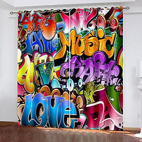 ZCFGG 2 Stücke Gardinen Kinderzimmer Mädchen Buchstaben Graffiti Mode 280 x 245cm Gardinen Blickdicht Vorhang Schlafzimmer Ösen Vorhänge Blickdicht von ZCFGG