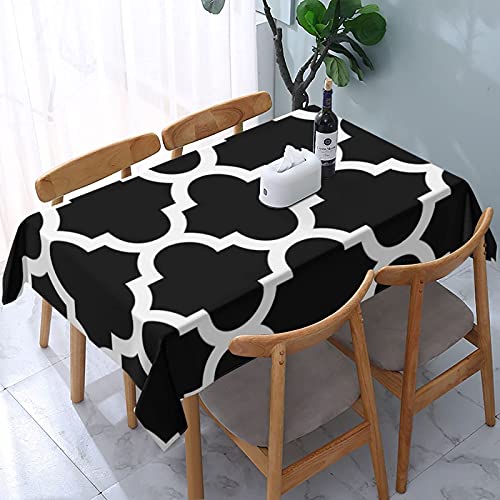 Tischdecke Schwarz-Weiß-marokkanische Vierpass-Mehrweg-Rechteck-Tische Essbereich Polyester wasserdicht öldicht Tischbezug 137X183CM Tischdecke Schwarz-Weiß-marokkanische Vierpass-Mehrweg-Rechteck-Tische Essbereich Polyester wasserdicht öldicht Tischbezug 137X183CM von ZCHW