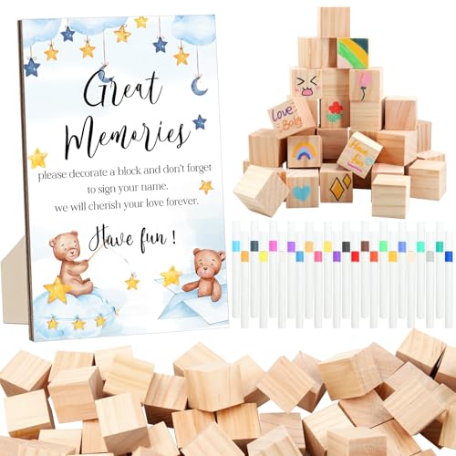 97-teiliges niedliches Bären-Babyparty-Spiel-Schilder-Set, Blaubär-Themenparty-Dekoration, inklusive Spielschild, DIY-Blanko-Holzblock-Malstift, um Ihre Idee für Babyparty Party Spiel Geschlecht von ZCPTZ