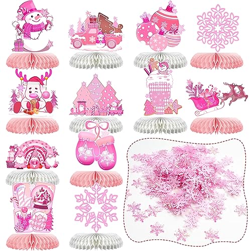 ZCPTZ Winter-Tischdekoration mit Wabenmuster, 12 Stück rosa Winter-Party-Mittelstücke und 300 Stück Mini-Schneeflocken-Konfetti für Weihnachten, Tischdekorationen, Babyparty, Geburtstag, Partyzubehör, von ZCPTZ