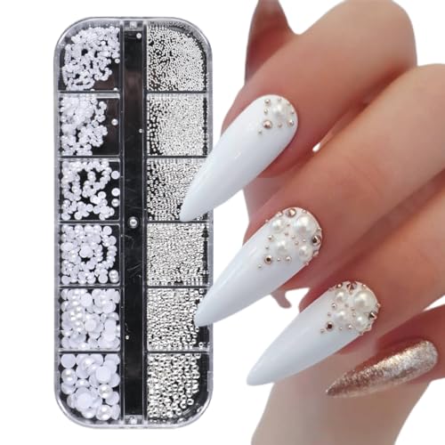 ZCSOWE Acryl-Nagelschmuckdesign 1 Schachtel/12 Fächer mit Nagelstrass Nail Art Strasssteine,Weiße Perlen Für Nägel Halbrunde Perlenkugeln Nail Charms Klein Edelstahl-Perlen Caviar Beads von ZCSOWE