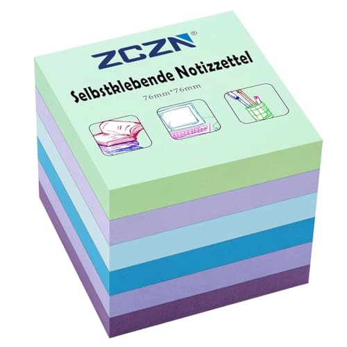 ZCZN Haftnotiz Sticky Notes Selbstklebende Haftnotizzettel Notizzettel Klebezettel 6 Blöcke, 80 Blatt, 76 x 76 mm, 5 Farben (hellgrün, hellviolett, hellblau, blau, lila) von ZCZN