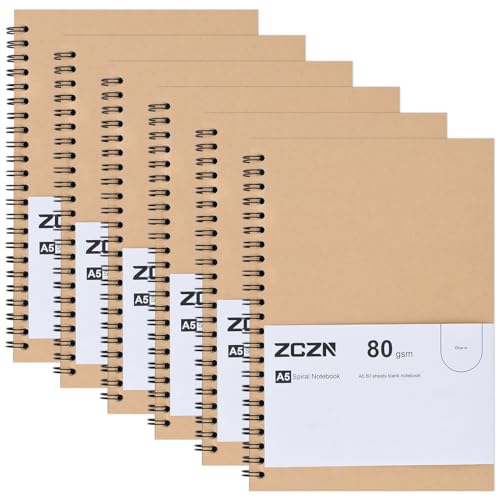ZCZN Notizbuch A5 blanko, 6 Stück Spirale Notizblock, 60 Blatt, Heft für Büro und Schule von ZCZN