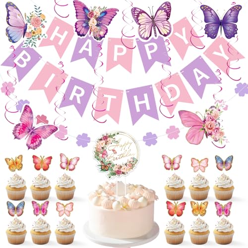 Geburtstagsdeko,Lila Happy Birthday Banner,Schmetterlinge Hängende Wirbel Streamer,Geburtstagsdeko mädchen,Schmetterlingskuchen einfügen,Geburtstag Party Dekoration für Frauen & Mädchen Geburtstagsdeko,Lila Happy Birthday Banner,Schmetterlinge Hängende Wirbel Streamer,Geburtstagsdeko mädchen,Schmetterlingskuchen einfügen,Geburtstag Party Dekoration für Frauen & Mädchen von ZDNT