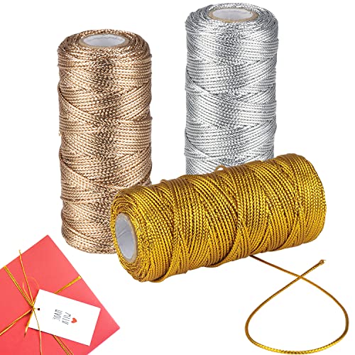 ZDNT 3 Rollen Metallic Kordel Metallic Kordel Gold Kordel Craft Cord Metallisch Lametta Schnur Goldfaden Zum Basteln 100M Goldschnur 1.5 mm Breit für Geschenkpapier Dekoration Kunsthandwerk DIY von ZDNT