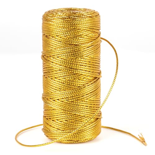 ZDNT Kordel Gold Metallic Kordel Metallic Kordel Gold Kordel Craft Cord Metallisch Lametta Schnur Goldfaden Zum Basteln 100M Goldschnur 1.5 mm Breit für Geschenkpapier Dekoration Kunsthandwerk DIY von ZDNT