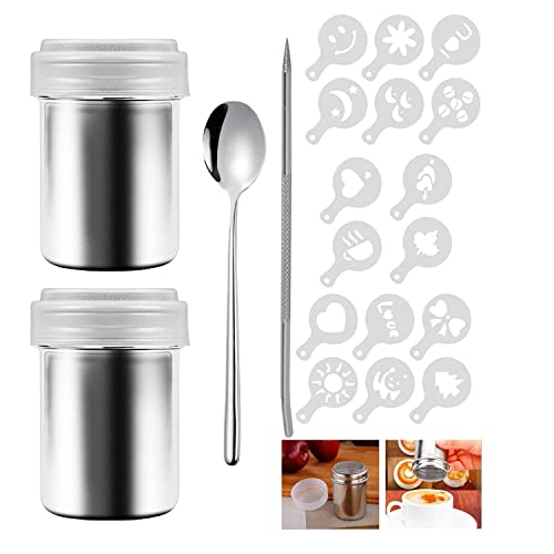 Kakaostreuer Edelstahl 304 Puderzuckerstreuer 2Pcs Mehlstreuer mit Deckel Pulverstreuer Schokoladenstreuer mit 16 Pcs Kaffee Cappuccino Schablonen, Coffee Art Pull Pin, Rührlöffel Edelstahl von ZDYFC