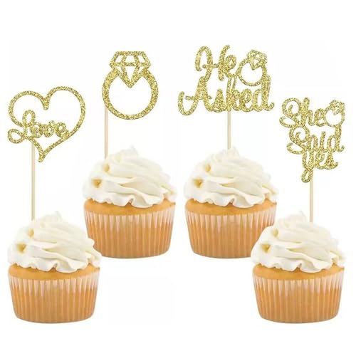 24 Stück He Asked She Said Yes Tortendeko, Diamantring Herz Kuchendeckel, Glitzer Tortendeko, Gold-Diamant-Ring-Cupcake-Topper für Hochzeit Verlobung Brautparty Dekorationen 24 Stück He Asked She Said Yes Tortendeko, Diamantring Herz Kuchendeckel, Glitzer Tortendeko, Gold-Diamant-Ring-Cupcake-Topper für Hochzeit Verlobung Brautparty Dekorationen von ZEACCT