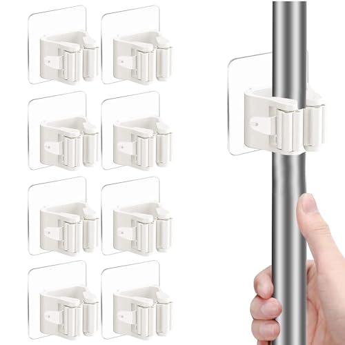 8 Stück Selbstklebender Mop-Halter, wandmontierter Organizer-Clip, Besen-Clips ohne Bohren, für Badezimmer, Küche, Büro,Schrank, Garten, Garage, Hauswirtschaftsraum, Werkzeugregal-Aufbewahrung – Weiß von ZEACCT