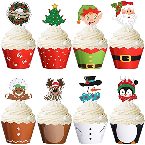 96 Stück Weihnachtskuchendekoration, Weihnachten Tortendeko, Lebkuchenmänner, Weihnachtsmann, Schneemann, Rentier, Elf, Pinguin, Weihnachtsbaum,Cupcake Wrappers für Kinder Geburtstag Christmas Party von ZEACCT