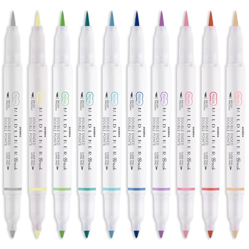 Zebra Mildliner Brush Highlighter Pen - Pinselstift und Marker Feder, doppelt endig, 10 Stück von Zebra Technologies