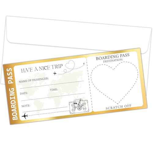 001/5 Goldene Überraschungskarte zum Rubbeln und Enthüllen, Bordkarte, Flugtickets mit Umschlägen, 8,9 x 20,3 cm, Reiseticket, speziell für Feiertage, Geburtstag, Valentinstag, Weihnachten, Hochzeit von ZEDEV