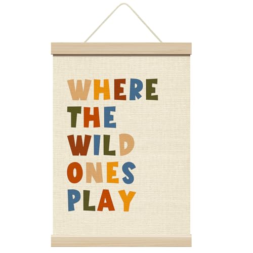 ZEDEV Posteraufhänger mit Holzrahmen, Motiv: Where the Wild Ones Play, 30,5 x 40,6 cm, Spielschild, Leinwand, Wandkunst, Kunstwerk-Hängeset, Kleinkinder, Jungenzimmer, Kinderzimmer, Schlafzimmer von ZEDEV