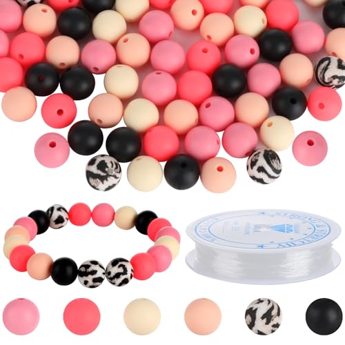 110 Stück 12 mm Silikonperlen mit Kristallfaden, 6 Farben Runde Silikon Perlen, Rosa Schwarze Perlen für Armbänder, Armbänder Selber Machen für Schlüsselanhänger und Schmuckherstellung von ZEFAN