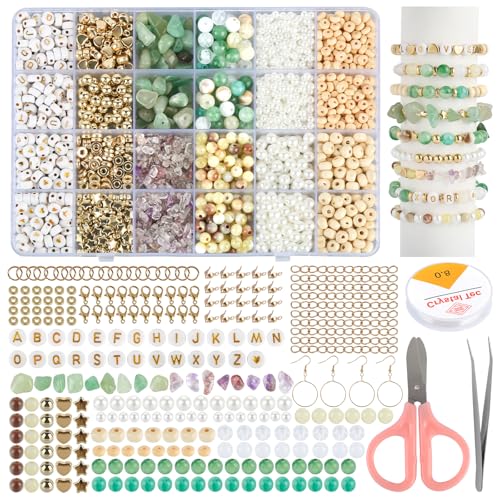 ZEFAN 1446 Stück Gemischte Edelstein Perlen Set, Edelsteine zum Auffädeln, Mode Edelstein Perlen für Armbänder, Perlen zum Auffädeln mit Holzperlen und Buchstabenperlen für Schmuckherstellung von ZEFAN
