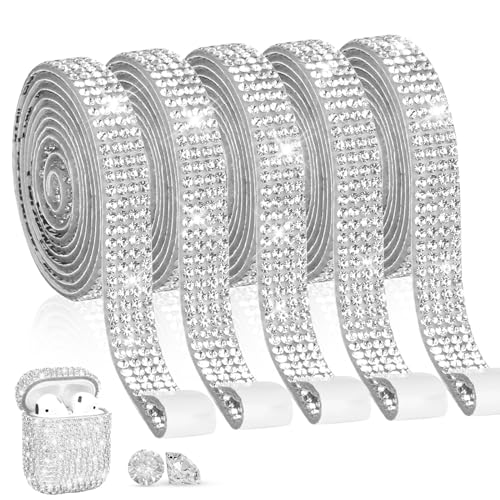 ZEFAN 5 Rollen Strassband Selbstklebend, 1 Yard Glitzerband, Strassband zum Aufnähen, Silberne Strasssteine Selbstklebend, Geeignet für DIY Bastelarbeiten, Hochzeitsdekoration von ZEFAN