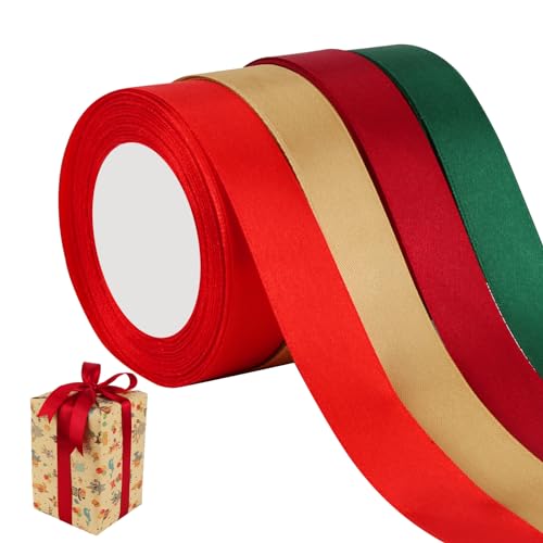 ZEFAN Geschenkband, 4 Rollen Geschenkband - 88m x 20mm, Satinband, Schleifenband für Hochzeit, Geburtstag, Geschenk, Blume (Rot Grün Gelb) von ZEFAN