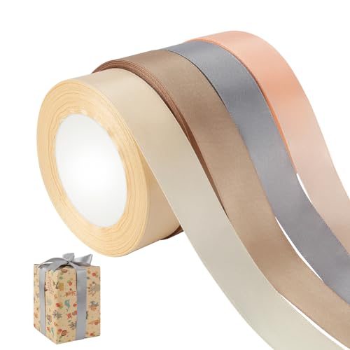 ZEFAN Geschenkband, 4 khaki Rollen Geschenkband - 88m x 20mm, Satinband, Schleifenband für Hochzeit, Geburtstag, Geschenk, Blume von ZEFAN