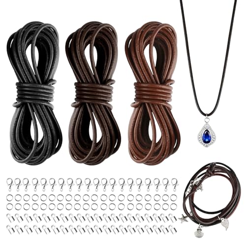 ZEFAN Lederband, 3 Rollen 5m x 3mm Abgerundete Lederband Kette, Glänzende Lederschnur mit 20 Karabinerverschlüssen, 40 Kabelend und 40 Sprungringen, Ideal für DIY Armbänder, Halsketten von ZEFAN