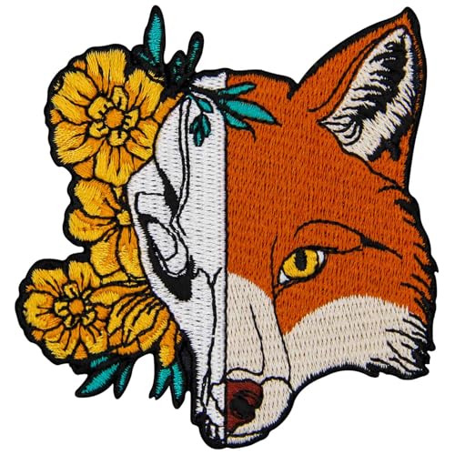 Aufnäher, bestickt, Design: Halber Fuchs und halber Blumenschädel, zum Aufbügeln oder Aufnähen Aufnäher, bestickt, Design: Halber Fuchs und halber Blumenschädel, zum Aufbügeln oder Aufnähen von ZEGIN