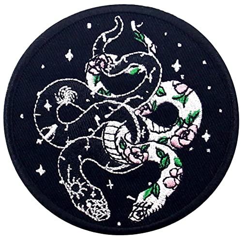 ZEGIN Aufnäher / Bügelbild, Motiv The White and Black Snakes with Flowers and Space, 3 * 3 IN, Rund, Monochromatic Nature & Space Snakes, Schlangen und Blumen, 1 Stück von ZEGIN