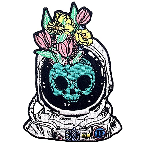 Aufnäher mit Totenkopf-Motiv, Astronaut mit Blumen, bestickt, zum Aufbügeln oder Aufnähen von ZEGIN