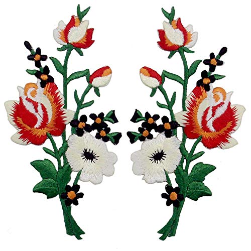 ZEGIN Aufnäher, Bestickt, Design: Retro Blumen Strauß Boho Rose, zum Aufbügeln oder Aufnähen, rot-Weiss von ZEGIN
