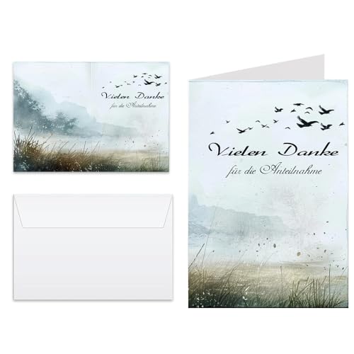 ZELAITE 10x Danksagungskarten Trauer mit Umschlag, Trauerkarten Dankeskarte, Klappkarte Danksagung Friedlicher See mit Vögeln (A) von ZELAITE
