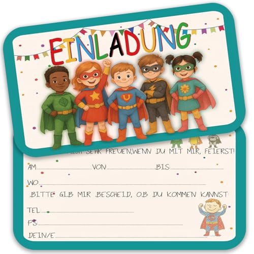 12 Superhelden Einladungskarten Kindergeburtstag für Jungs und Mädchen, Geburtstagseinladungen für Kinder inkl. 12 Briefumschläge, Geburtstagseinladungen, Party deko, Einladung Einschulung (D) von ZELAITE