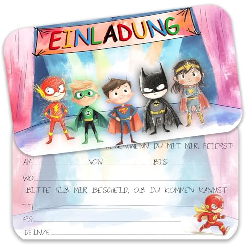 12 Superhelden Einladungskarten Kindergeburtstag für Jungs und Mädchen, Geburtstagseinladungen für Kinder inkl. 12 Briefumschläge, Geburtstagseinladungen, Party deko, Einladung Einschulung (E) von ZELAITE